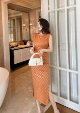 Plaid Split Sleeveless Bodycon Dress S / Orange